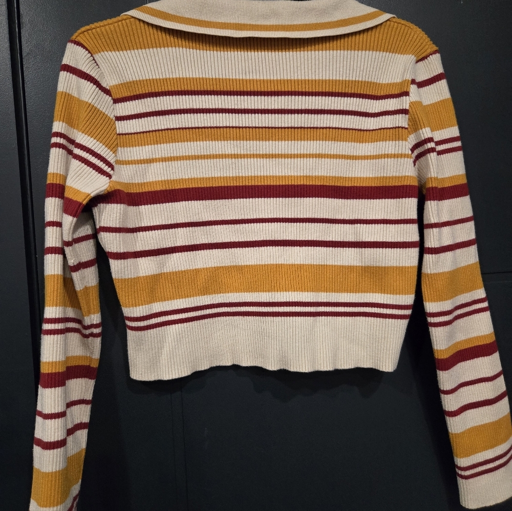 Nasty Gal Cream Striped Cropped Polo Sweater with Yellow Burgundy Stripes 10/12 - Picture 4 of 4